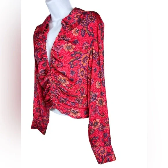 Free People Boho Floral Deep V Neck Long Sleeve Blouse Size Small - Picture 2 of 7